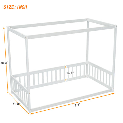 Twin Size Canopy Frame Floor Bed With Fence, Guardrails - White
