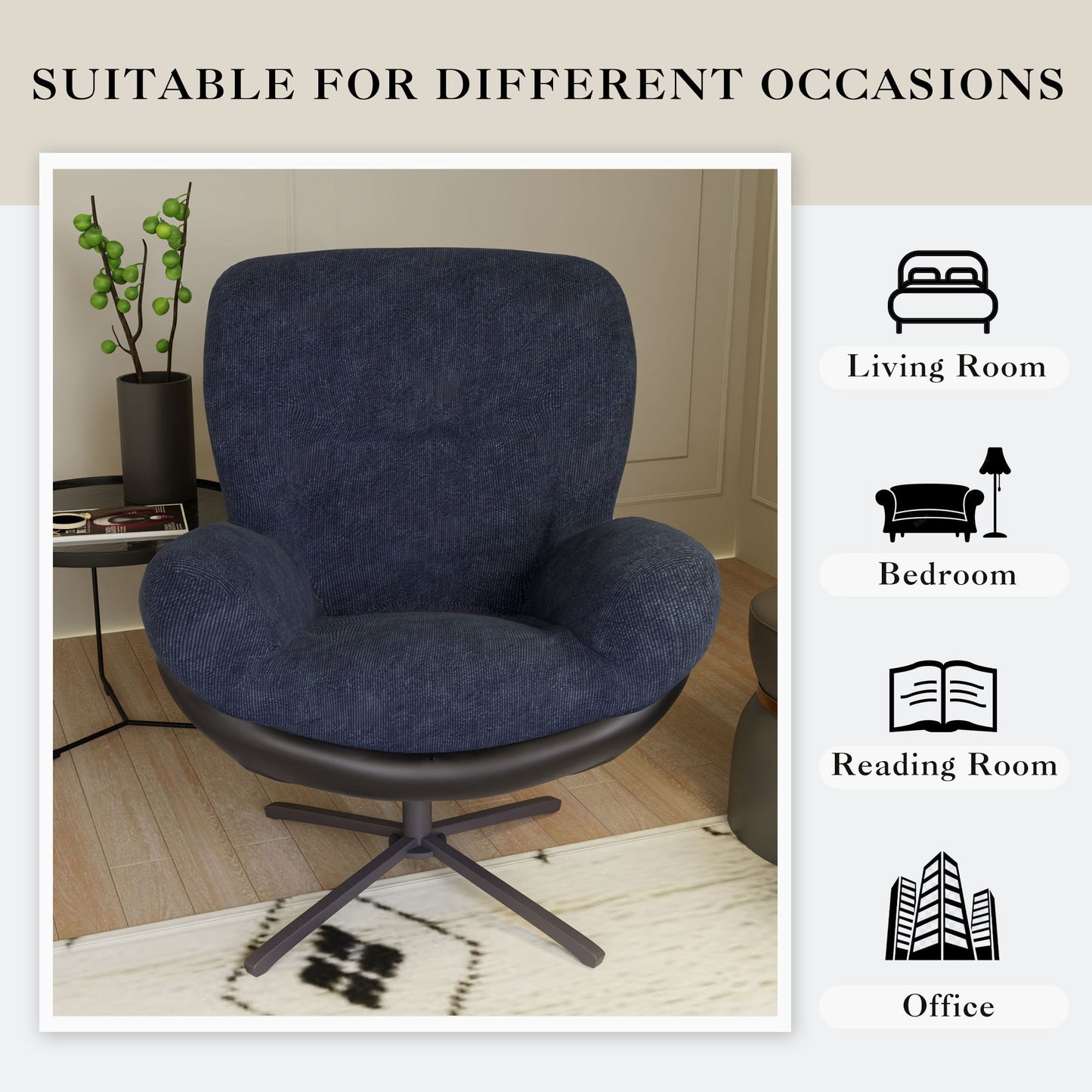 360ÔøΩÔøΩ Swivel Office Chair, Modern Chenille Chair With And Metal Base Frame, No Wheels, Accent Chair - Dark Blue