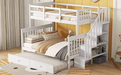 Twin Over Full Bunk Bed With Twin Size Trundle, Storage And Guard Rail For Bedroom - White