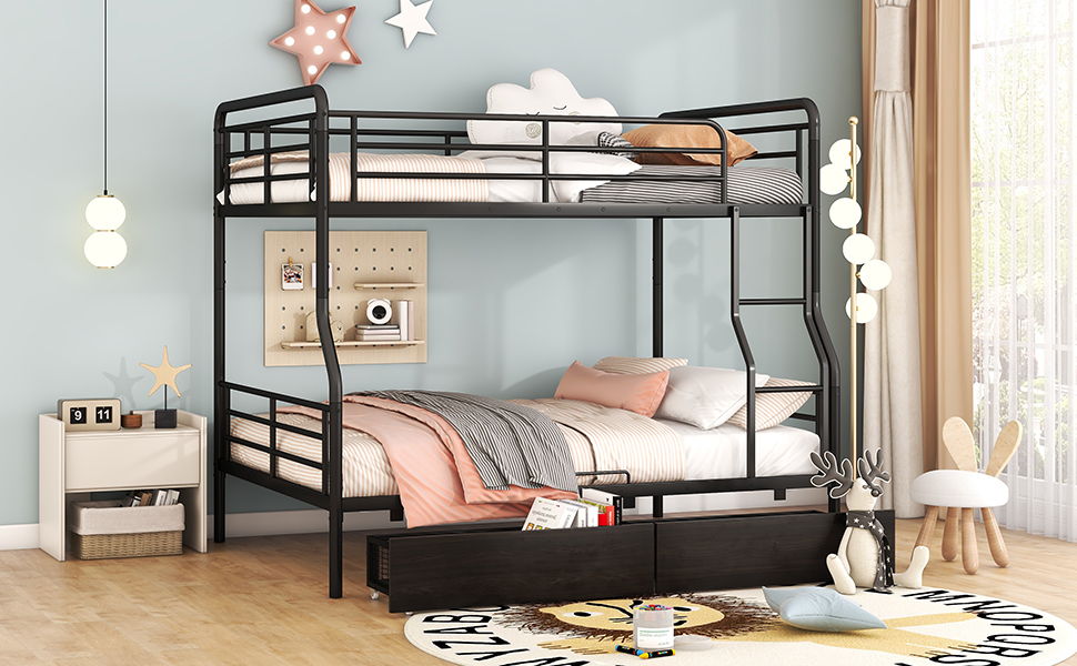 Full Long Over Queen Bunk Bed With 2 Drawers - Black