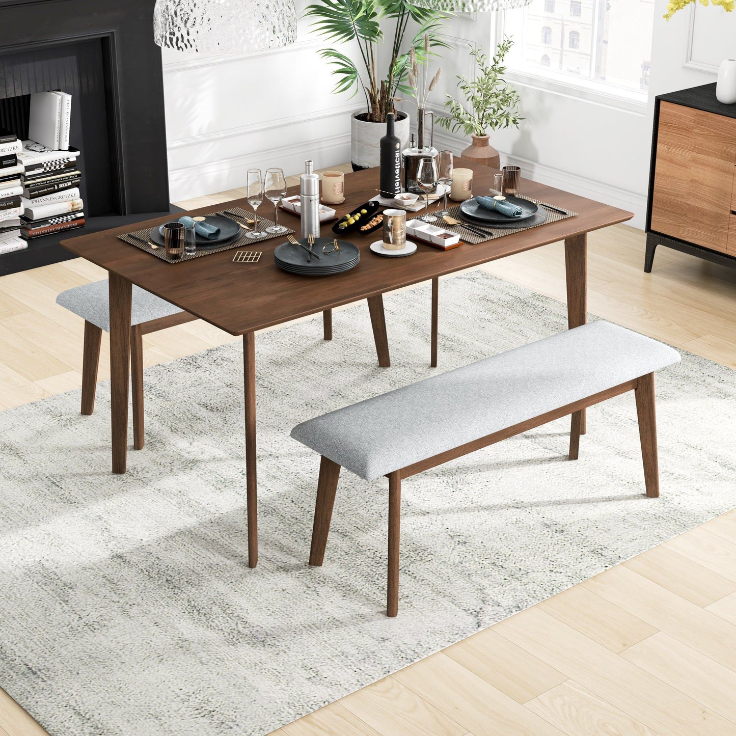 Carlos-Upholstered Solid Wood Bench - Gray
