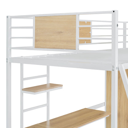 Twin Size Loft Bed With L Shape Desk And Wardrobe - White