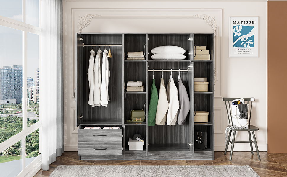 6 Door Wardrobe With Shelves And Drawers - Gray