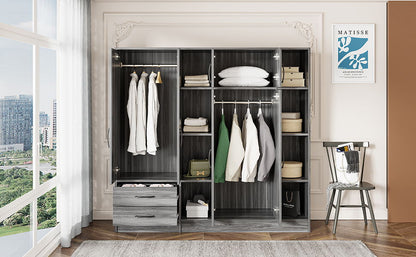 6 Door Wardrobe With Shelves And Drawers - Gray