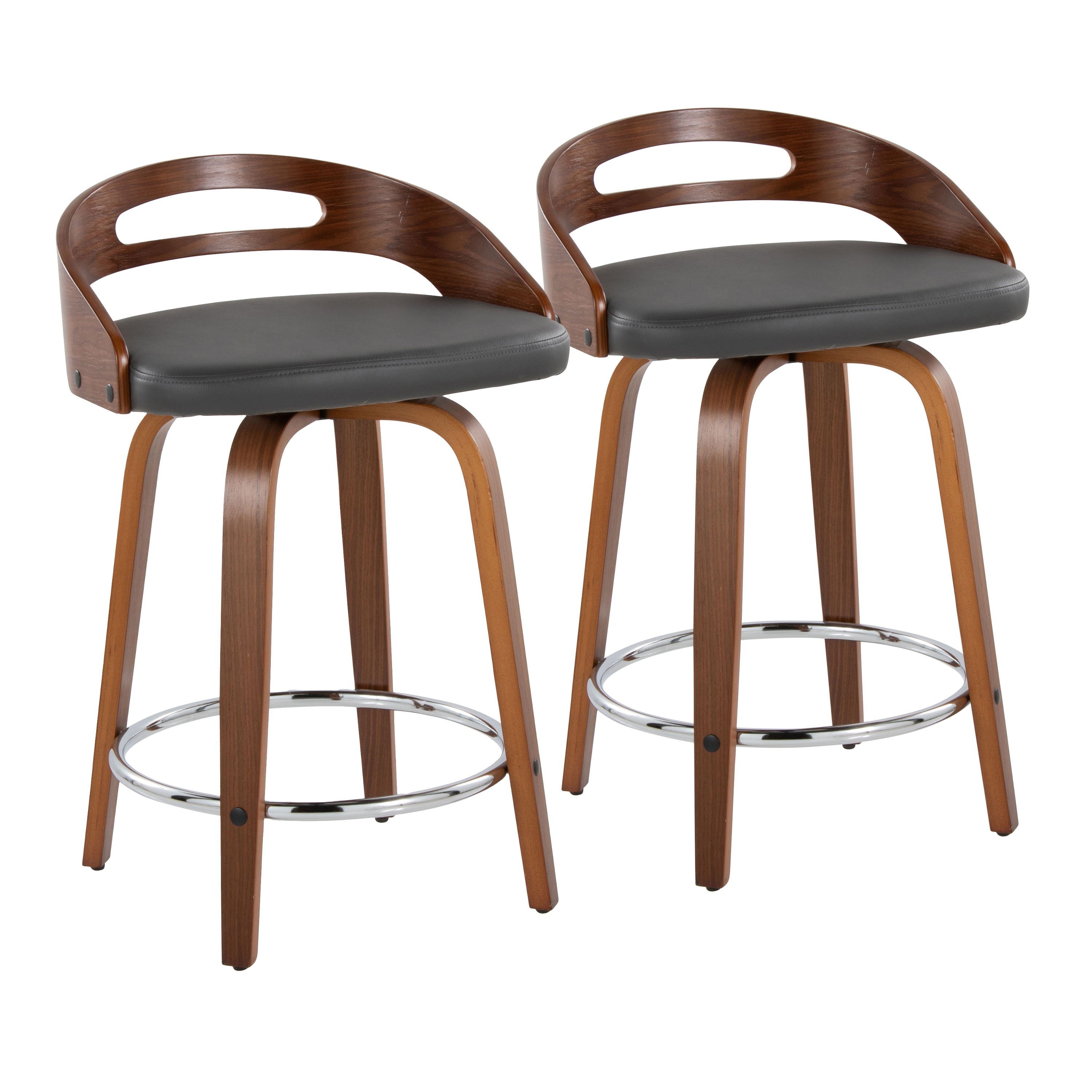 Cassis - Mid-Century Modern Fixed Height Counter Stool With Swivel With Round Footrest (Set of 2) - Walnut / Gray