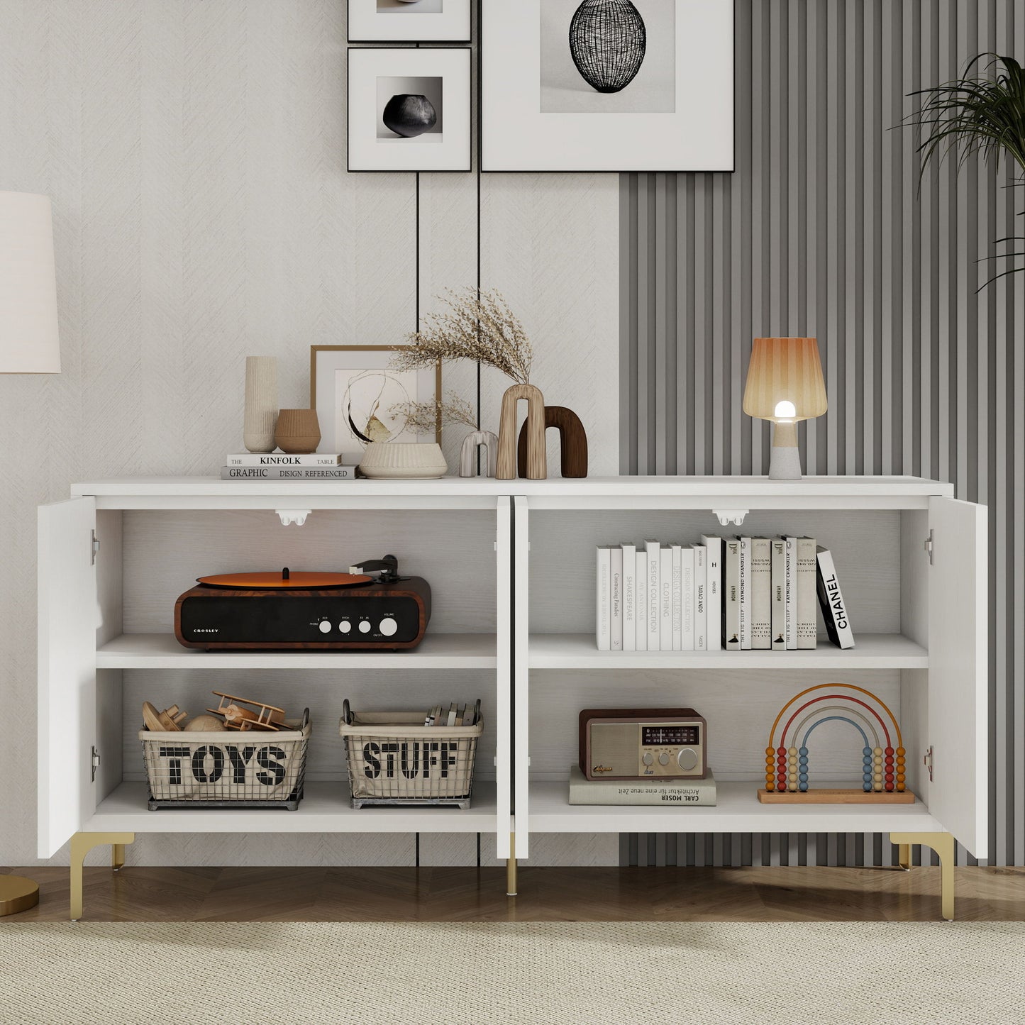 Multi Functional Storage Cabinet, 4 Door Sideboard With Unique Texture, Adjustable Shelves - White