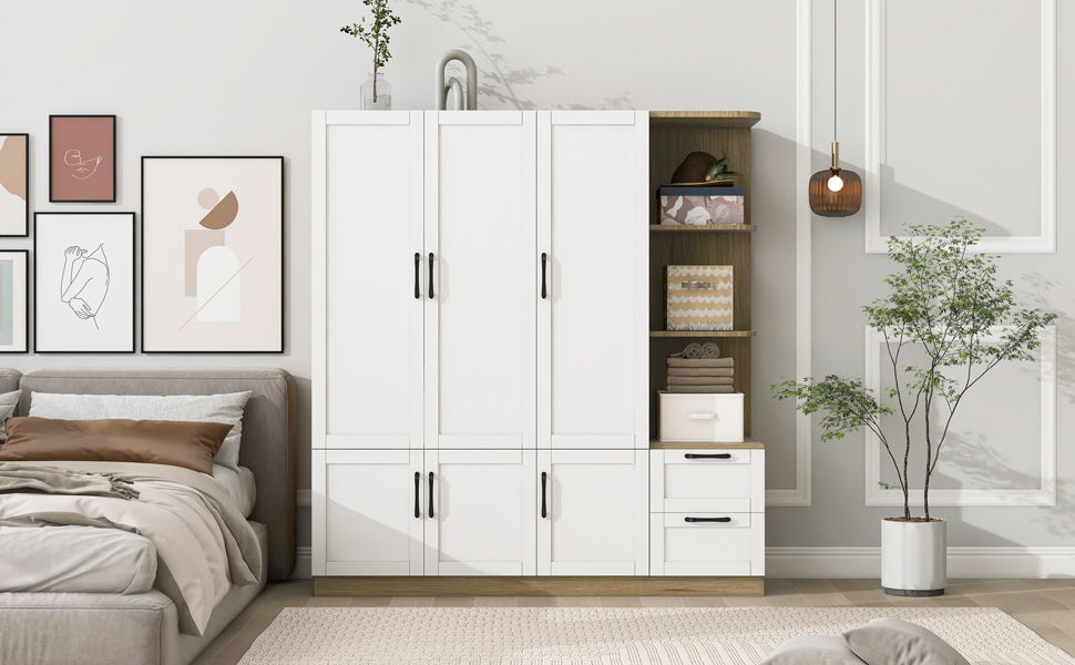 3 Door Storage Wardrobe For Dedroom With Shelves And 2 Drawers, Side Storage Shelves - White
