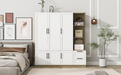 3 Door Storage Wardrobe For Dedroom With Shelves And 2 Drawers, Side Storage Shelves - White