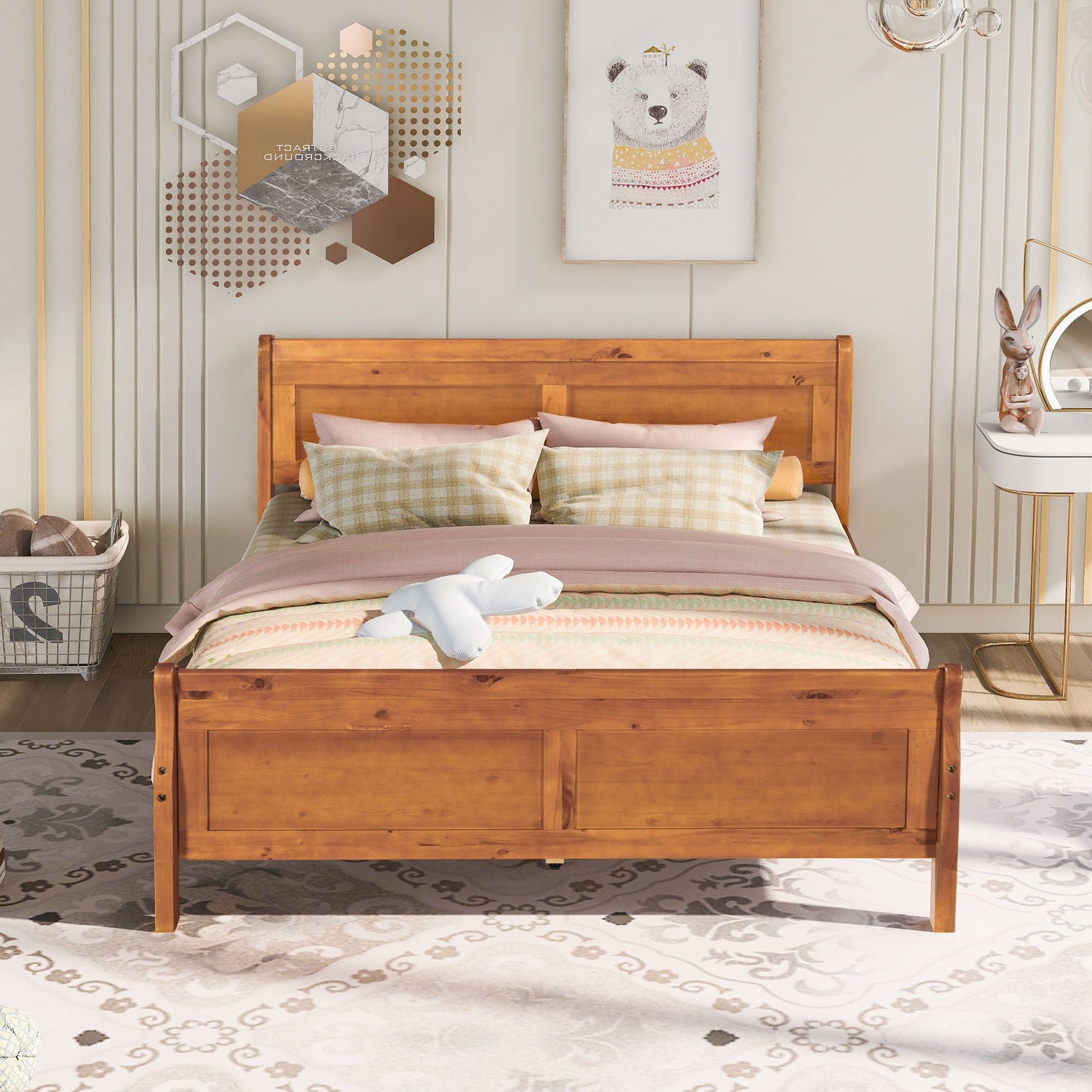 Queen Size Platform Bed With Headboard And Slat Support - Oak