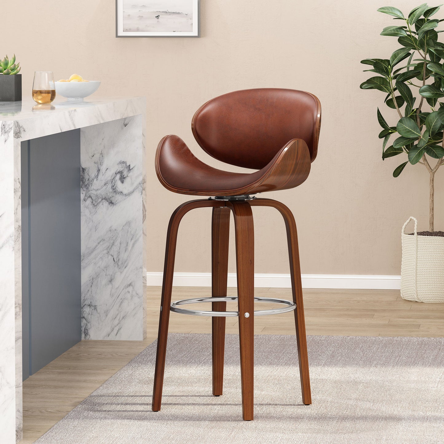 Lumos - Mid Century Modern Upholstered Swivel Barstool - Walnut / Brown