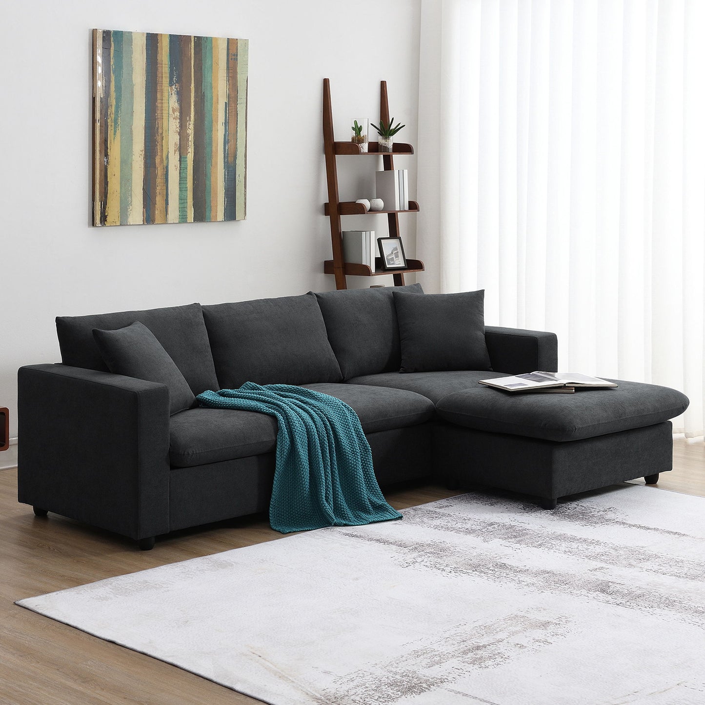 Modern Sectional Sofa, L-Shaped Couch Set With 2 Free Pillows, 4 Seat Polyester Fabric Couch Set With Convertible Ottoman - Black