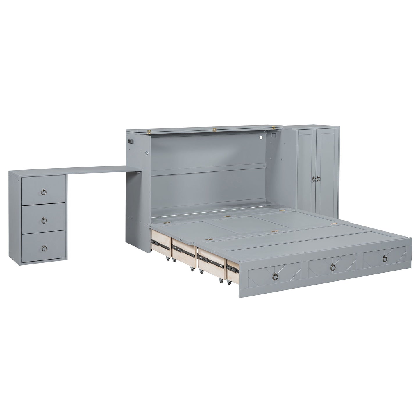Queen Size Murphy Bed With USB Port, Large Drawer, And Wardrobe / Desk Combo Versatile Cabinet Bed - Gray