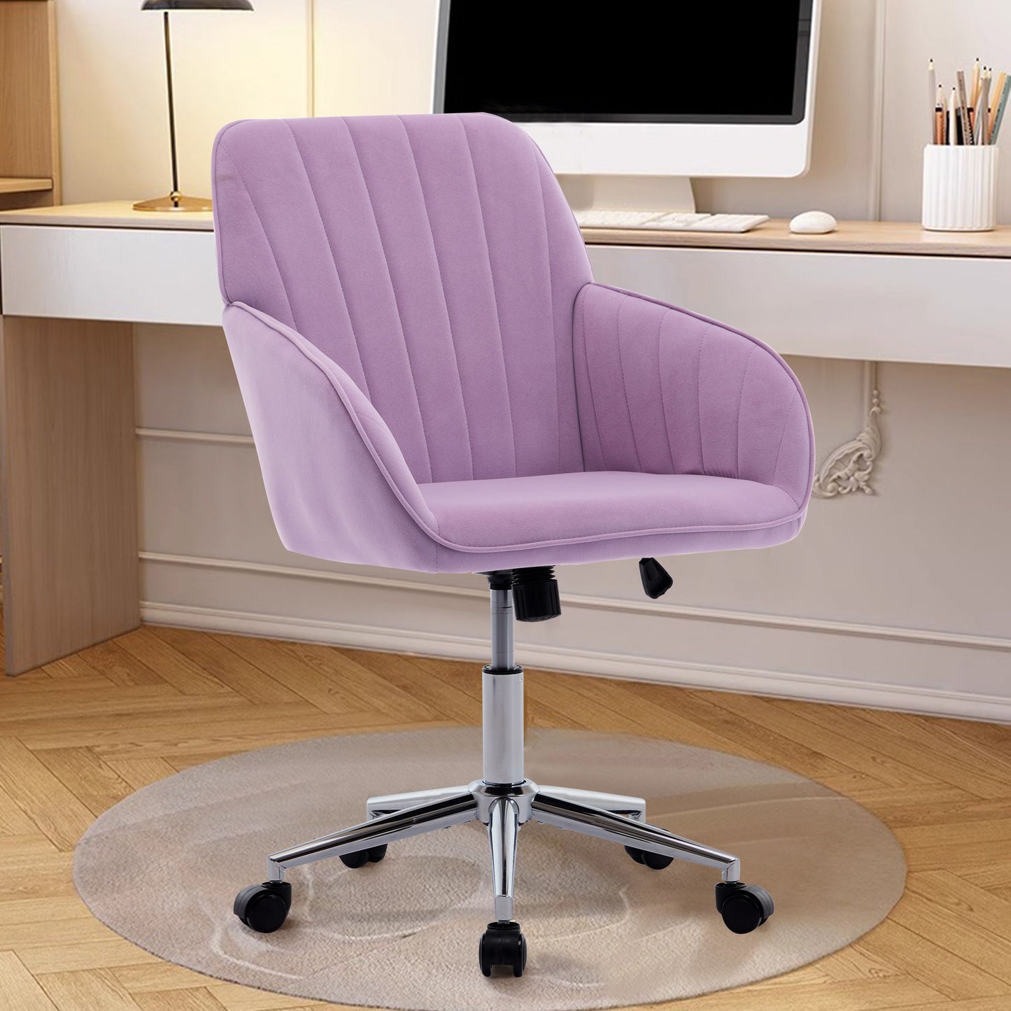 Ergonomic Swivel Office Chair, Comfortable Backrest Seat, Velvet, Adjustable For Home And Bedroom - Lilac