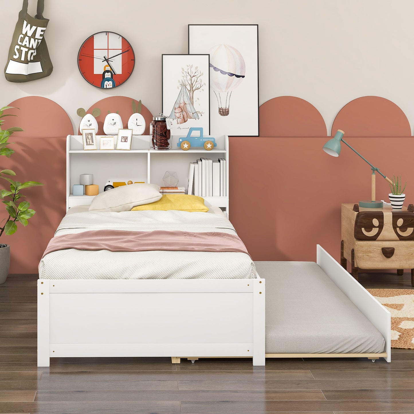 Twin Bed With Trundle, Bookcase - White