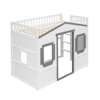 Twin Size House Loft Bed With Ladder - White / Gray