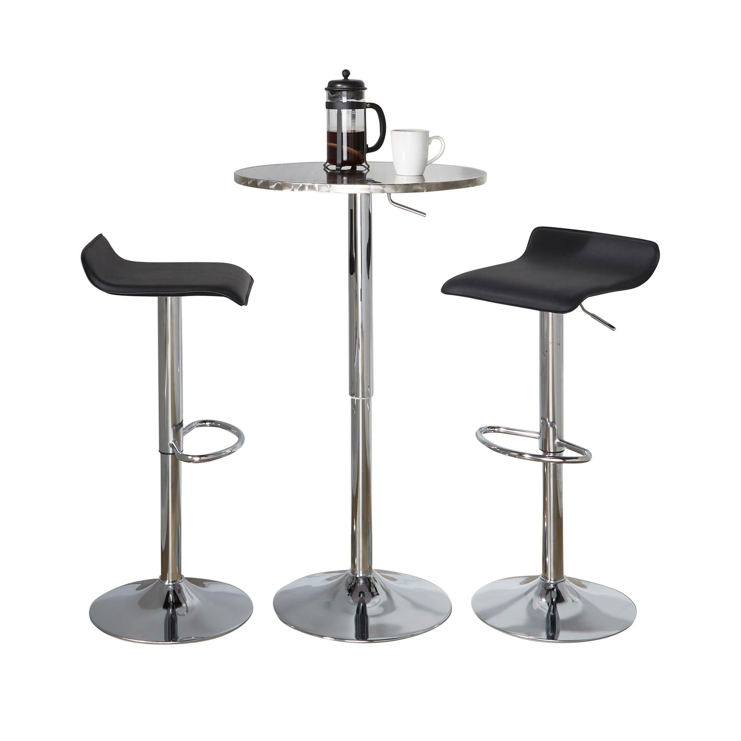 Ale - 3 Piece Bar Set Bistro Round Contemporary Adjustable Oval Footrest - Silver / Chrome - Black