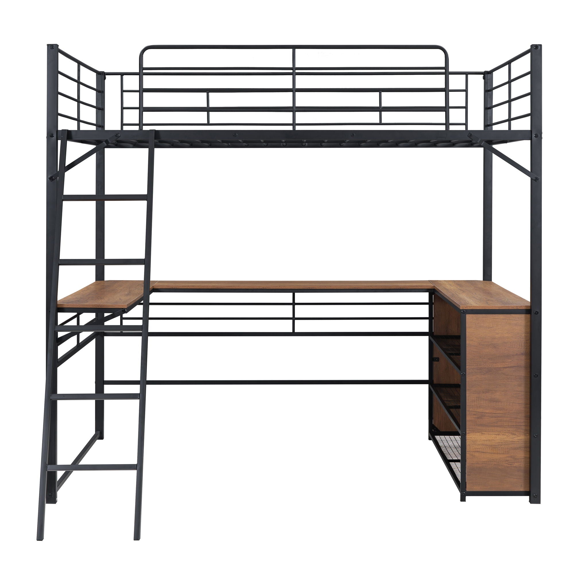 Full Size Loft Bed With 3 Layers Of Shelves And L-Shaped Desk - Black