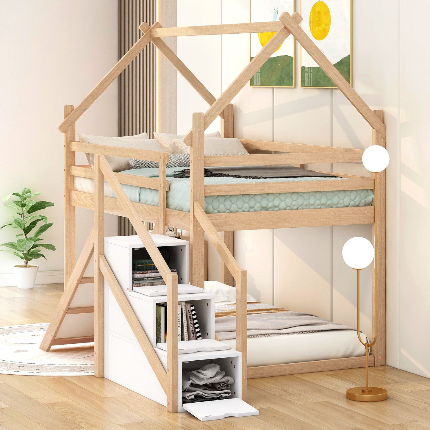 Twin Over Twin House Loft Or Bunk Bed With Slide And Staircase - Natural