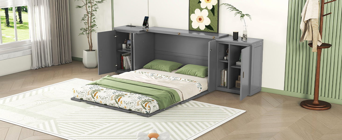 Queen Size Murphy Bed With Shelves, Cabinets And USB Ports - Gray