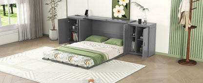 Queen Size Murphy Bed With Shelves, Cabinets And USB Ports - Gray