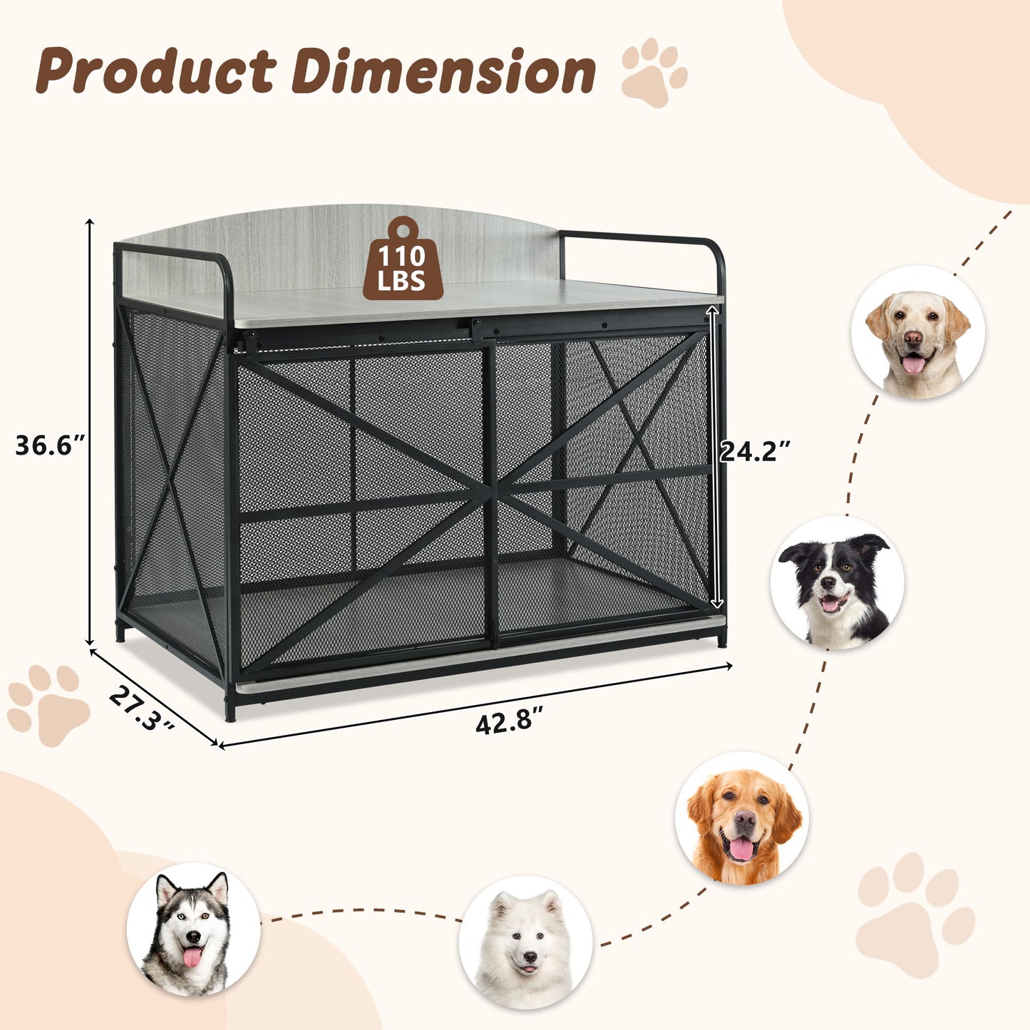 Heavy Duty Large Dog Crate Furniture For Large Medium Dog, Farmhouse Wooden Dog Kennel Indoor End Table, Decorative Pet House For Large Dogs - Gray