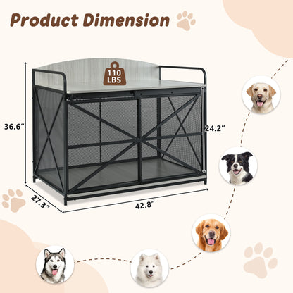Heavy Duty Large Dog Crate Furniture For Large Medium Dog, Farmhouse Wooden Dog Kennel Indoor End Table, Decorative Pet House For Large Dogs - Gray