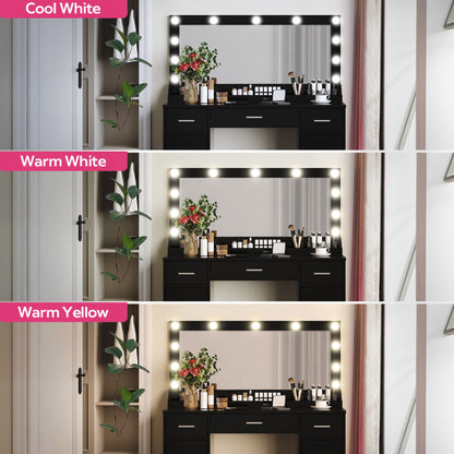 Vanity Desk With Large Mirror, 3 Colour Lighting Modes, Adjustable Brightness, Dresser With 3 Drawers & 2 Vertical Cabinets, Makeup Vanity Table For Women & Girls - Black
