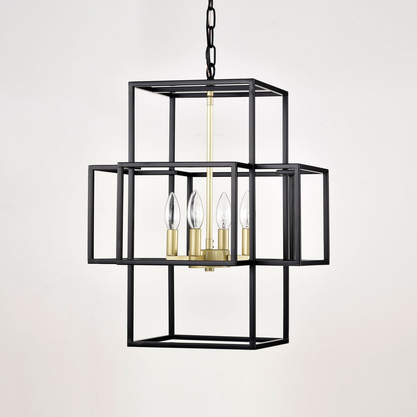 4 Light Metal Lantern Tiered Pendant Hanging Light Fixtures, Industrial Farmhouse Adjustable Height Chandeliers For Dining Room Hallway Foyer Entryway (E12 Bulbs Not Included) - Matte Black / Gold