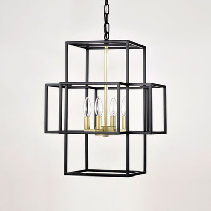 4 Light Metal Lantern Tiered Pendant Hanging Light Fixtures, Industrial Farmhouse Adjustable Height Chandeliers For Dining Room Hallway Foyer Entryway (E12 Bulbs Not Included) - Matte Black / Gold
