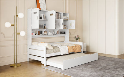 Twin Size Wooden Daybed With Twin Size Trundle, And All In One Cabinet And Shelf - White