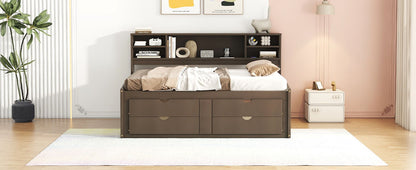 Full Size Daybed With 2 Bedside Cabinets, Upper Shelves And 4 Drawers - Antique Brown