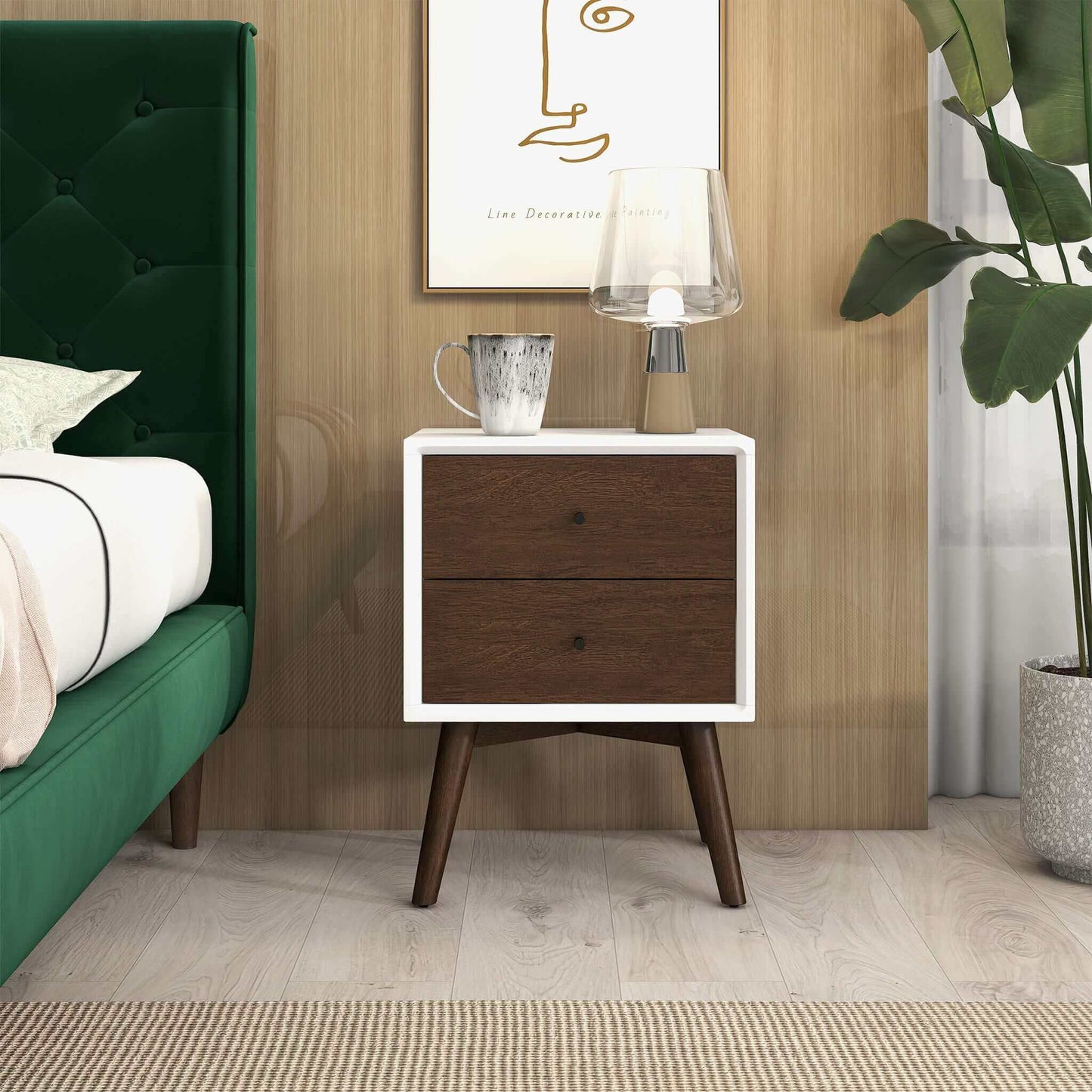 Caroline - Mid-Century Modern Style White Night Stand 2 Drawer - Dark Brown / White