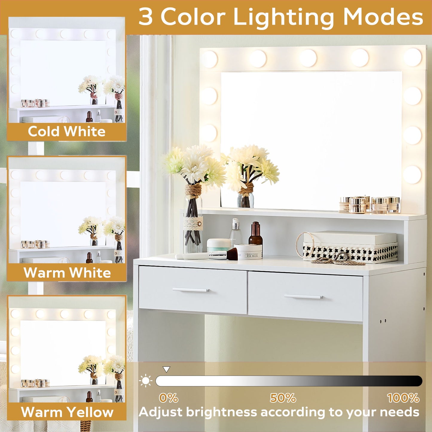 Vanity Desk With Mirror And Lights, Dressing Table With Large Drawer, 2 Level Storage Dresser & 3 Lighting Modes Adjustable Brightness, Suitable For Bedroom - White
