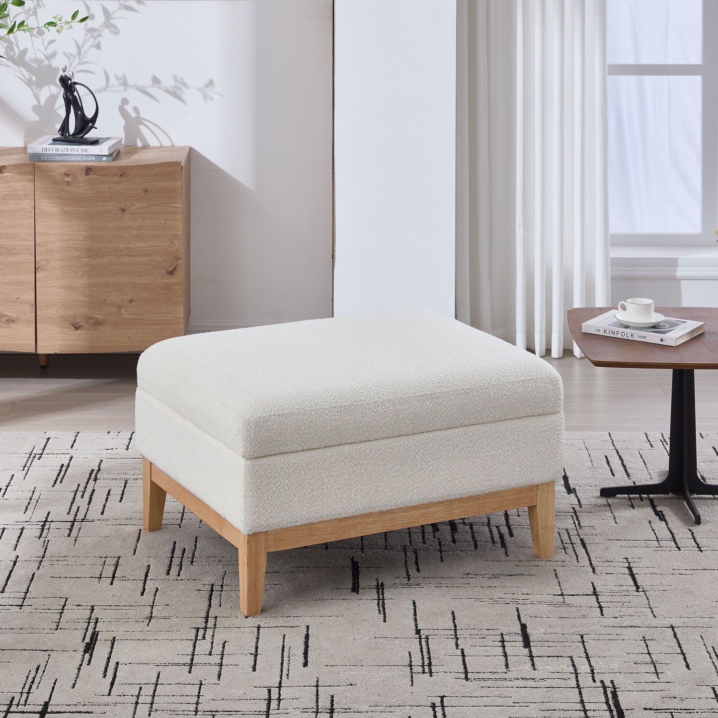 Upholstered Storage Ottoman With Reversible Lid Coffee Table, Foot Stool Square Footrest With Rubberwood Legs For Living Room Bedroom Entryway And Office - Ivory