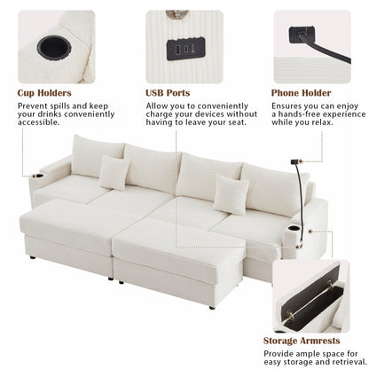 Modern Style 4 Seater Sofa Sectional Sofa Couch With Storage Space, Two Movable Ottomans, Two USB Ports, Two Cup Holders, A Phone Holder For Living Room - Beige