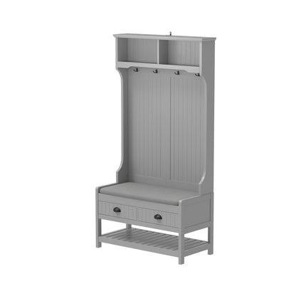 Modern 3 In 1 Hallway Hall Tree With Storage Drawers, Coat Rack, Shoe Rack Bench, And Cushion - Gray