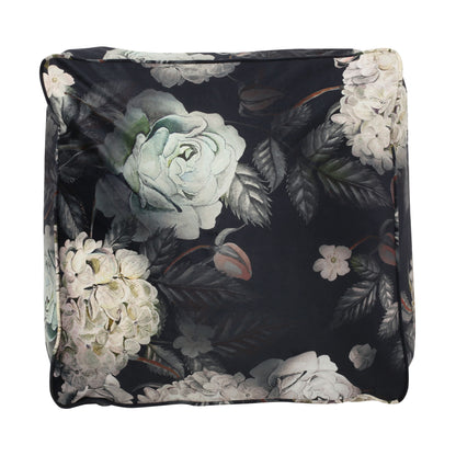 Hazel - Large Square Pouf, Versatile Ottoman Or Floor Cushion, Flower Print - Black