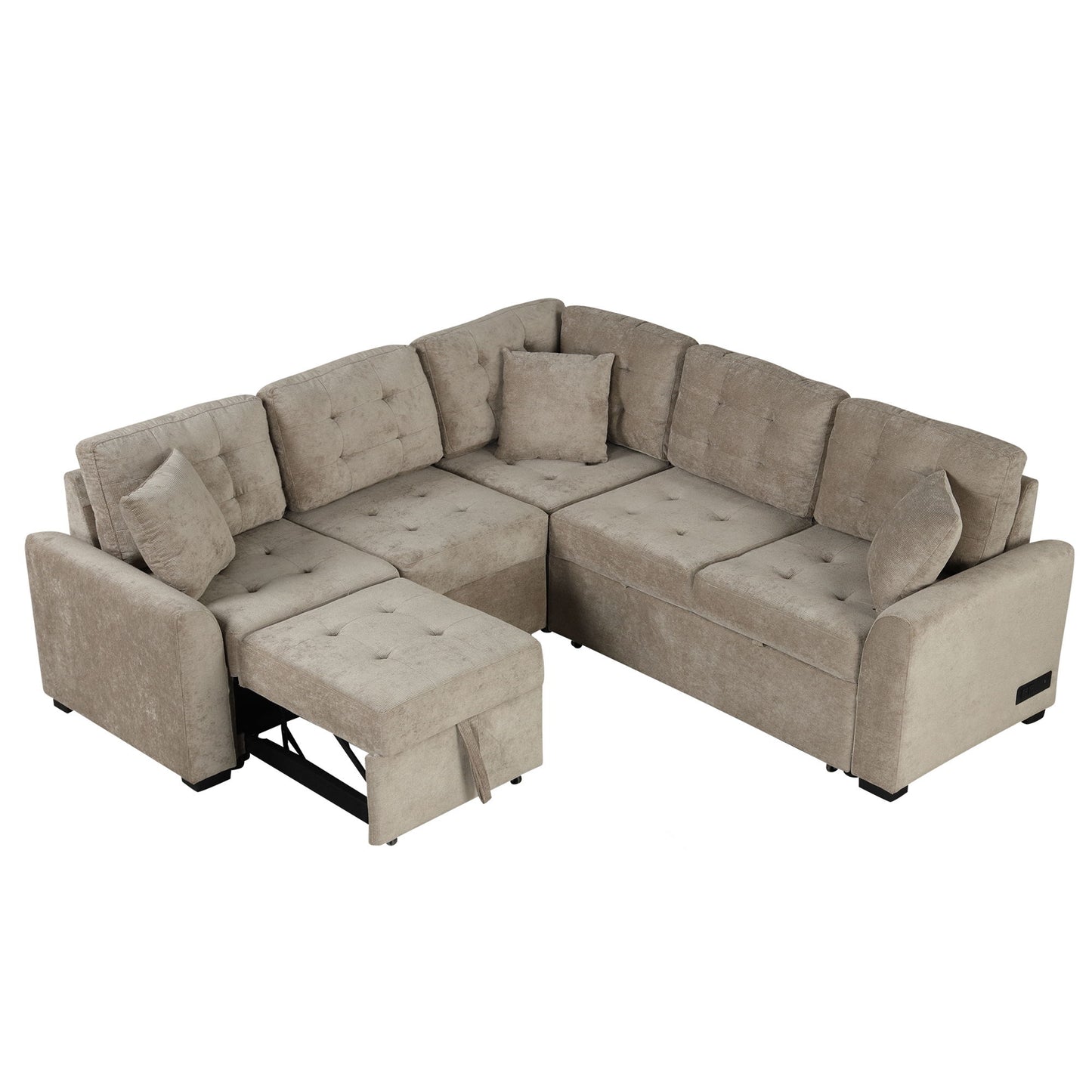 L-Shape Sofa Bed Pull-Out Sleeper Sofa With Wheels, USB Ports, Power Sockets For Living Room - Khaki
