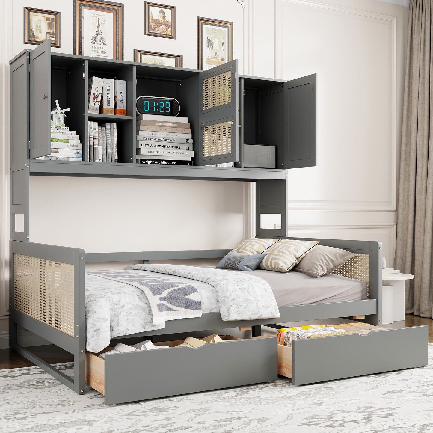 Full Size Wooden Daybed With 2 Drawers, And All In One Cabinet And Shelf - Gray