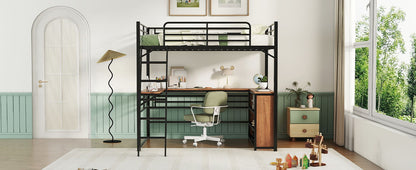 Full Size Loft Bed With 3 Layers Of Shelves And L-Shaped Desk - Black
