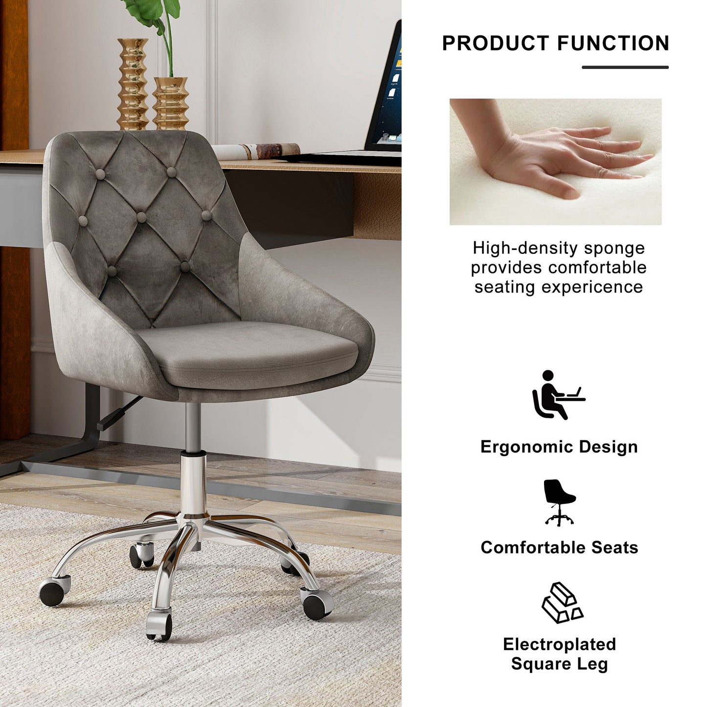 Modern Velvet Fabric Dining Chair With Chrome Legs, Soft And Comfortable, Lift Adjustment, Space Saving - Gray