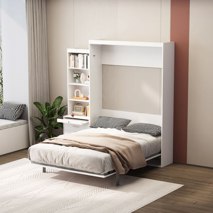 Morden Deisgn Full Size Vertical Murphy Bed With Shelf And Drawers For Bedroom Or Guestroom Wall Bed Space Saving Hidden Bed With New Style Gas Struts - White