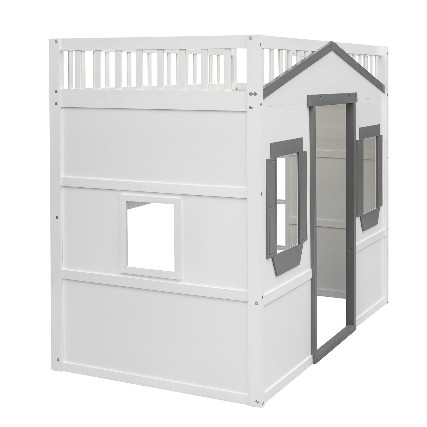 Twin Size House Loft Bed With Ladder - White / Gray