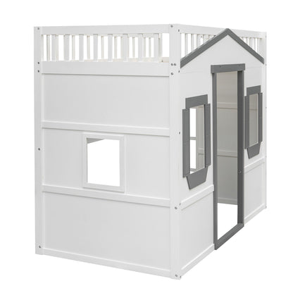 Twin Size House Loft Bed With Ladder - White / Gray
