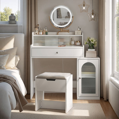 White Vanity Desk With 360ÔøΩÔøΩ Rotated Mirror And Adjustable Lights, Girls Makeup Vanity Table With Storage Chair And Side Cabinet - Antique White