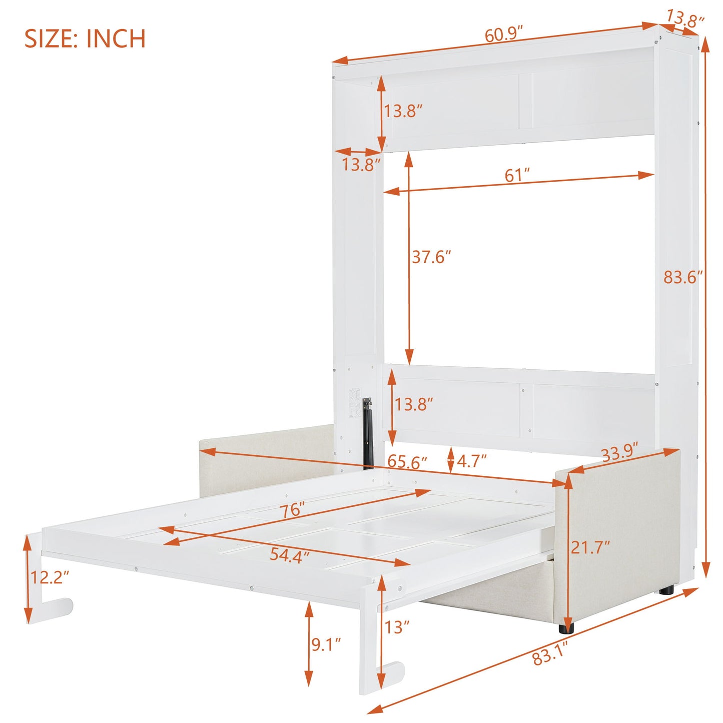 Full Size Murphy Wall Bed With Cushion - White