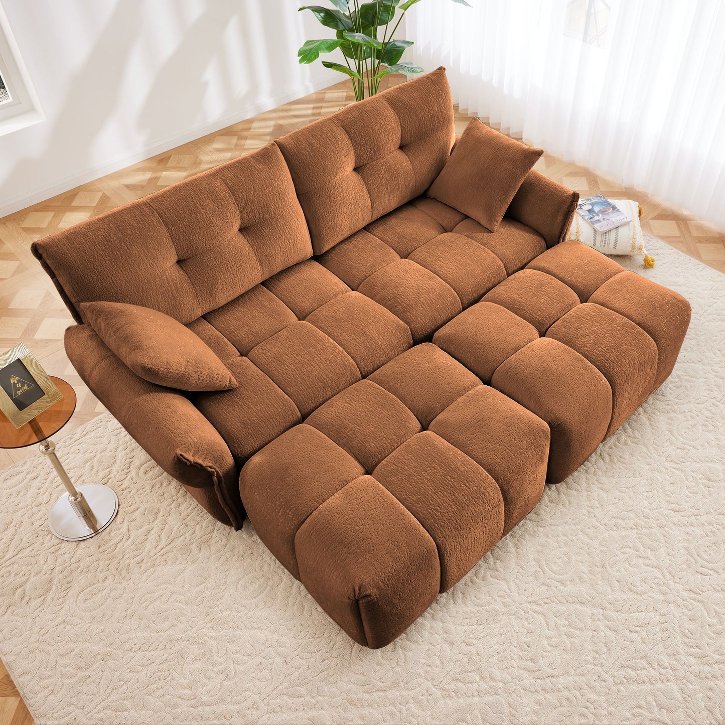 Cozy Plush 2 Seater Sofa Set With Ottomans And Throw Pillows - Burnt Orange