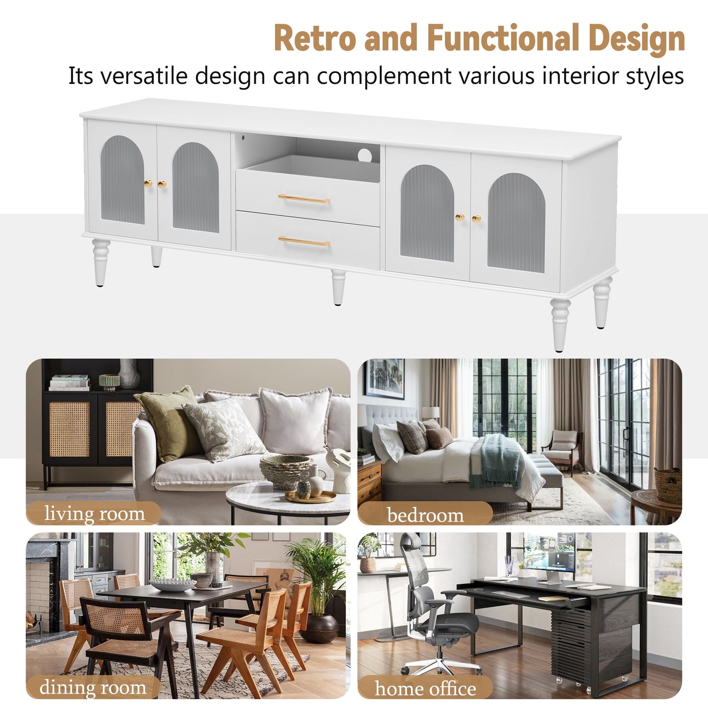 Retro TV Stand For TVs Up To 75", Entertainment Center Media Console With Fluted Glass Doors And 5 Solid Wood Legs For Living Room - White