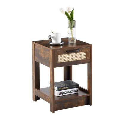 15.75" Rattan End Table With Drawer, Modern Nightstand, Side Table For Living Room, Bedroom - Rustic Brown
