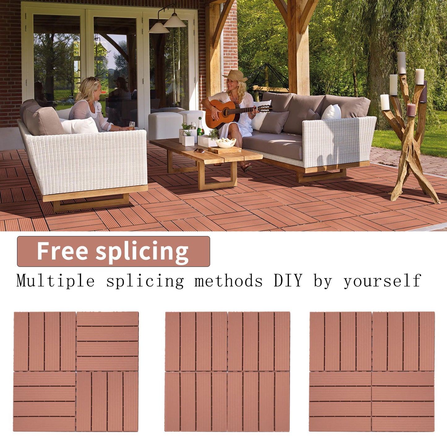Plastic Interlocking Deck Tiles, (Set of 44), Patio Flooring Outdoor Waterproof All Weather Use For Garden Poolside Front / Back Yard - Mahogany